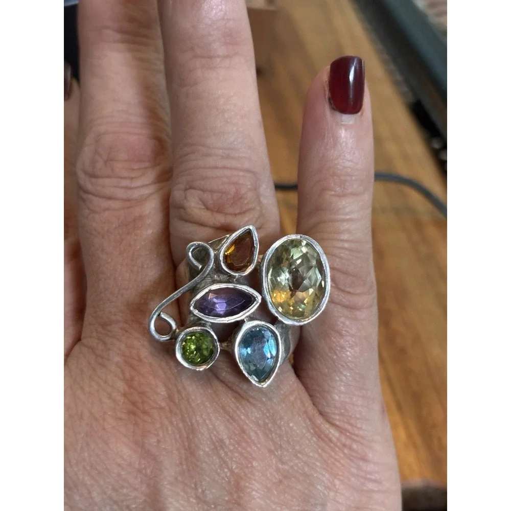Natural Amethyst Gemstone Citrine Blue Topaz Wrap Ring Sterling Silver Size 9